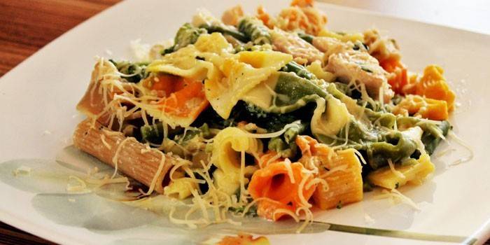 Паста с овощами и куриным мясом